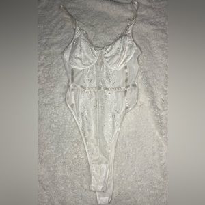 SHEIN Privé Lace Insert Sheer Mesh Bodysuit | Size: M | Color: White